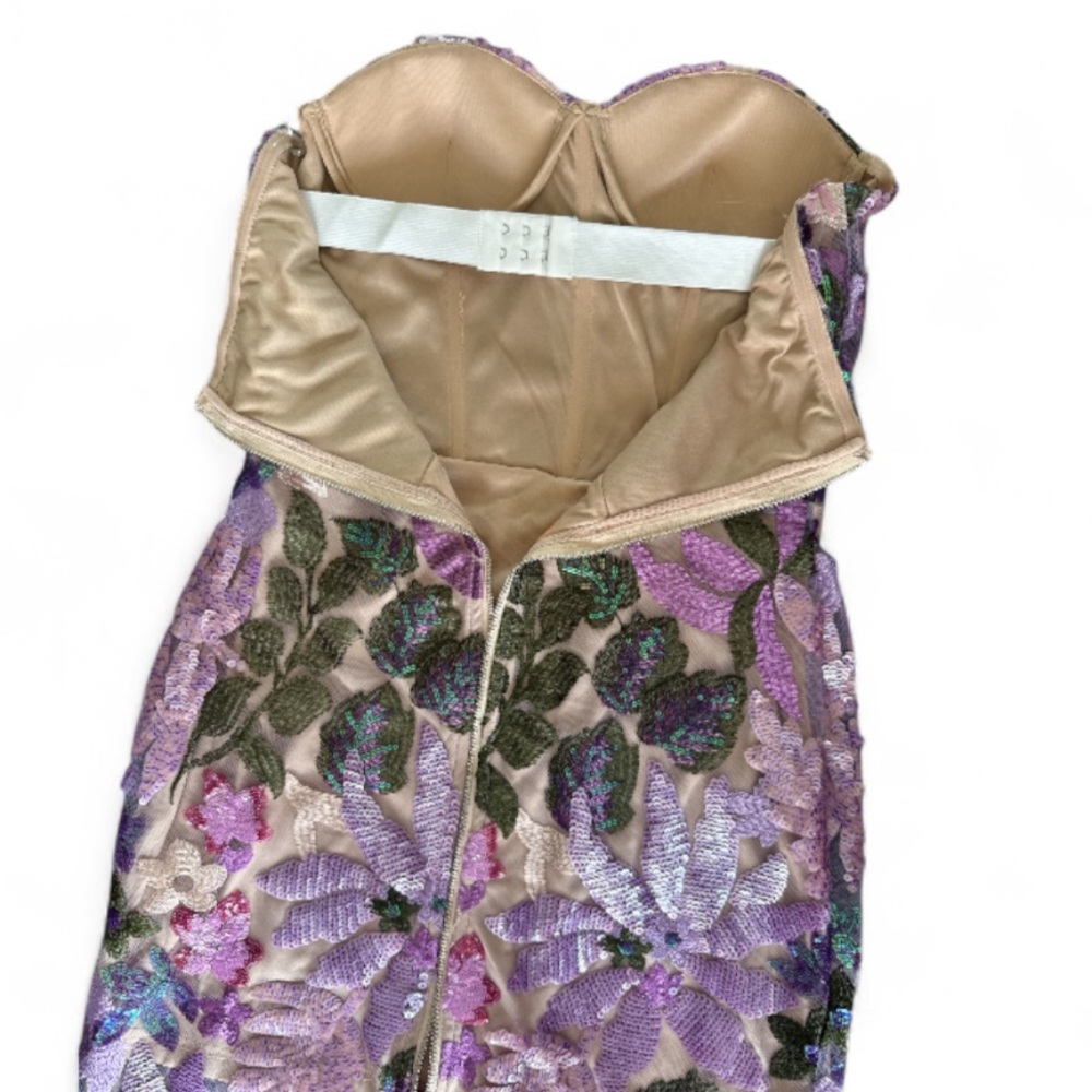 Bella Barnett Eugenia Flowers Sequins Strapless Mesh Dress Purple Size Small NWT - Picture 13 of 14
